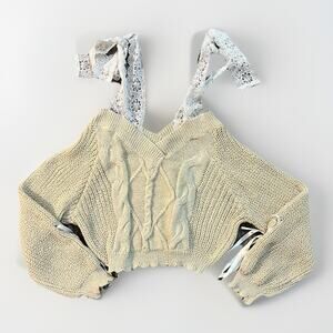 Off Shoulder Knit Sweater Top Beige Cable Knit Lace Detail Y2K Boho Size Small